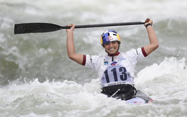 Jessica Fox celebrates after her historic double-gold in C1 and K1 events at the World Championships in September. Photo: Delly Carr Jessica Fox celebrates after her historic double-gold in C1 and K1 events at the World Championships in September. Photo: Delly Carr