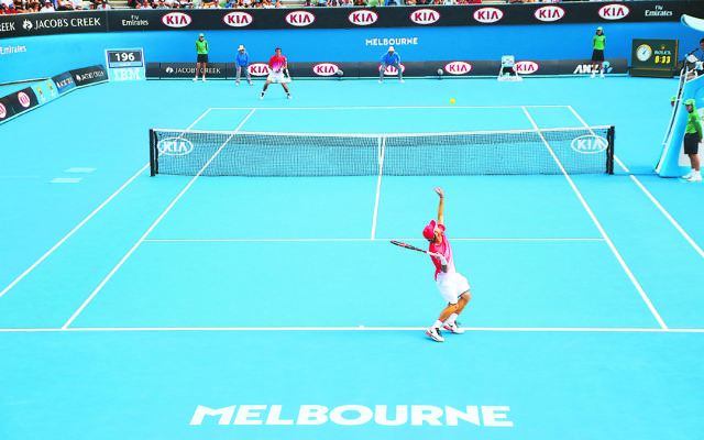Dudi Sela serving during his third round match against Russian Andrey Kuznetsov.	Photo: Peter Haskin