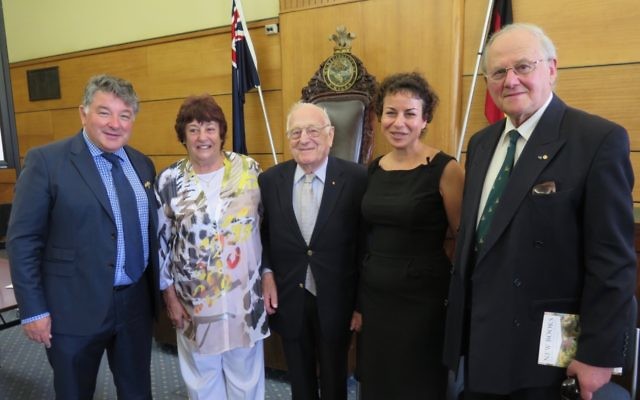 From left: Cr Serge Thomann, president of the Raoul Wallenberg Unit Jacqui Dinor-Corry, chairman of the Action Wallenberg Committee Phil Symons, Dr Avril Alba, and Professor Frank Vajda. Photo: Judi Schiff.