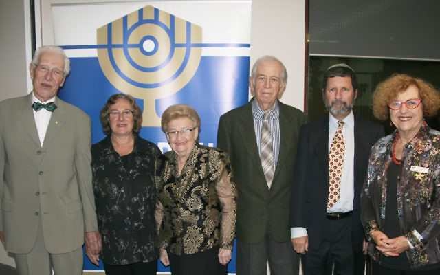 From left: Dr Peter Schiff OAM (chairman of the Menorah Awards committee), Bev Gelbart, Hilda Rosner, Leonid Shvartsman, Iain Messer, and Faye Haskin-Dubrowin (B’nai B’rith Victoria president). Photo by Dr Paul Gardner.
