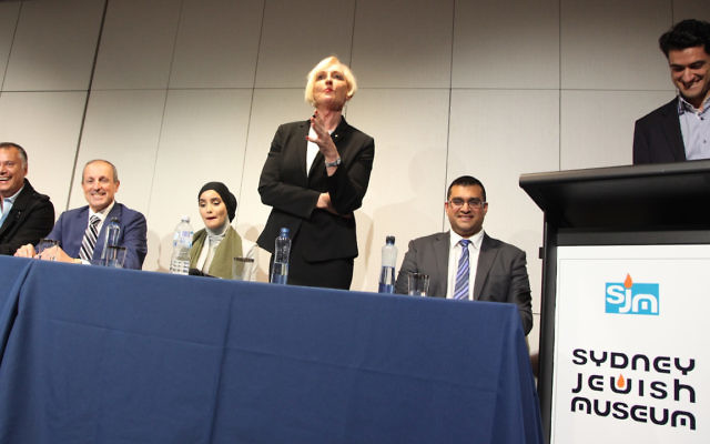 Catherine McGregor makes a point about tackling prejudice at a panel discussion at the Sydney Jewish Museum on June 15. Photo: Giselle Haber. Catherine McGregor makes a point about tackling prejudice at a panel discussion at the Sydney Jewish Museum on June 15. Photo: Giselle Haber.