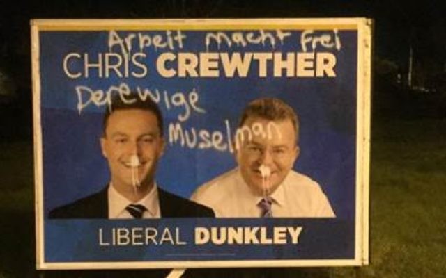 The defaced Liberal Party campaign sign in Frankston, Victoria last week, scrawled with Nazi slogans. The defaced Liberal Party campaign sign in Frankston, Victoria last week, scrawled with Nazi slogans.