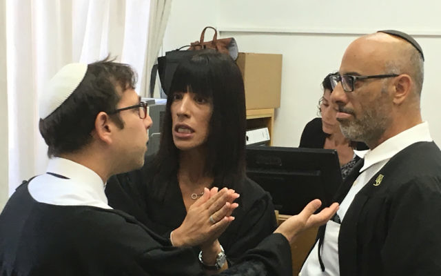 Prosecutor Matan Akiva argues with Leifer's defence lawyers Yehuda Fried and Adi Niv in court. Photo: Nathan Jeffay. Prosecutor Matan Akiva argues with Leifer's defence lawyers Yehuda Fried and Adi Niv in court. Photo: Nathan Jeffay.