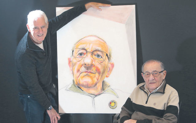 Artist Jeffrey Kelson with 94-year-old Holocaust survivor Moshe Fiszman and his portrait. Photo: Yuri Kouzmin