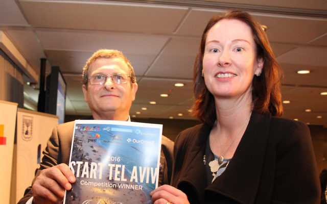 Israel's Ambassador to Australia, Shmuel Ben-Shmuel, presents the Start Tel Aviv 2016 winner’s certificate to Julie Bray from Konnective on July 11. Photo: Shane Desiatnik.