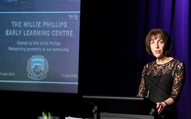 Masada College principal Wendy Barel speaking with pride about the school’s achievements at its 50th anniversary gala dinner on July 16. Photo: Noel Kessel.