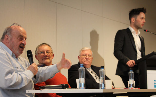 Professor Konrad Kwiet speaks about the legacy of Nuremberg alongside panellists Winton Higgins, Graham Thomas Blewitt and moderator Peerce McManus at the Sydney Jewish Museum on September 1.
Photo: Shane Desiatnik.