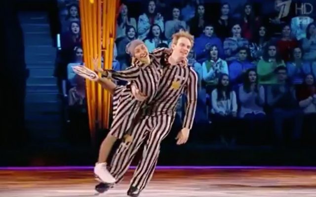 Andrey Burkovsky and Tatiana Navka skating in concentration camp uniforms. Photo: Twitter screengrab