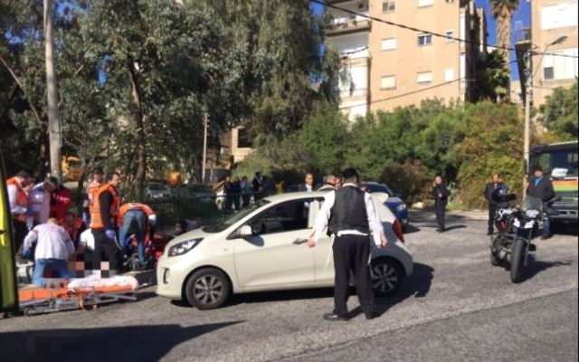 Shooting on Hagiborim street in Haifa, January 3, 2017. (photo credit:EFFY SCHNAPPER/ MDA)