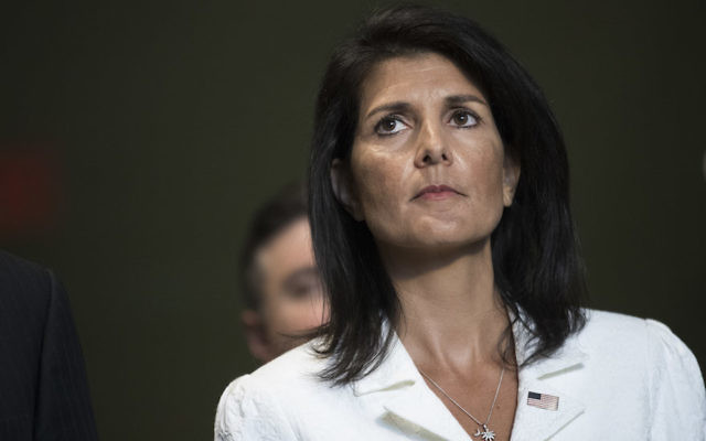 Nikki Haley speaking to reporters at the United Nations headquarters in New York, March 27, 2017. (Drew Angerer/Getty Images)