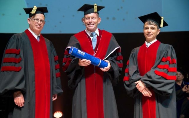 Tony Abbott (centre) with Tel Aviv University president Professor Joseph Klafter (left) and Professor Yaron Oz. Tony Abbott (centre) with Tel Aviv University president Professor Joseph Klafter (left) and Professor Yaron Oz.