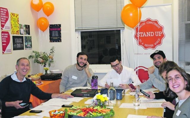 Stand Up fundraising in full swing. From left: Arnold Shmerling, Justin Joffe, Dean Levitan, Adam Shapiro and Netta Shmerling.