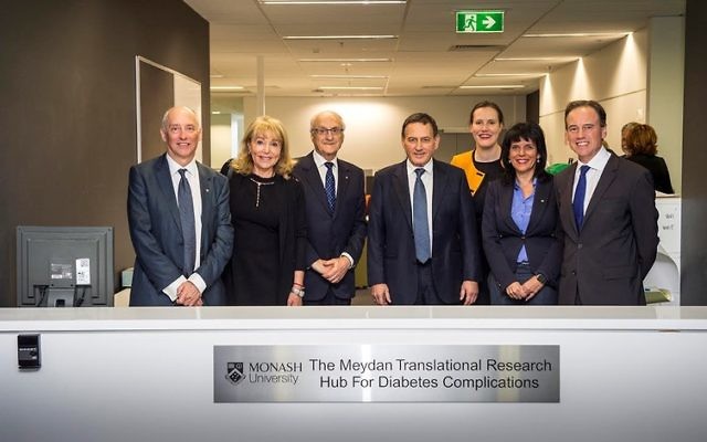 From left: Prof Mark Cooper, Miri Meydan, Prof Paul Zimmet, Moshe Meydan, Kelly O'Dwyer MP, Julia Banks MP and Greg Hunt MP. Photo: Gerard Hynes.