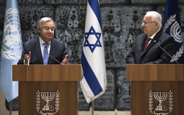 UN chief Antonio Guterres with Israeli president Reuven Rivlin in Israel. Photo: EPA/Jim Hollander