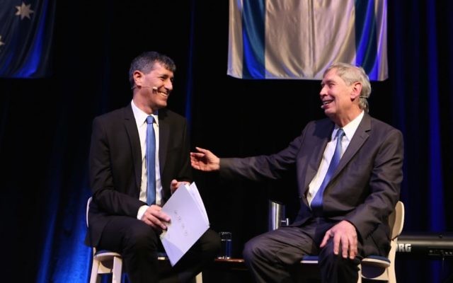 Tamir Pardo (right) being interviewed by Yoav Limor at the JNF Annual Dinner at Sydney's Royal Randwick on September 6. Photo: Giselle Haber