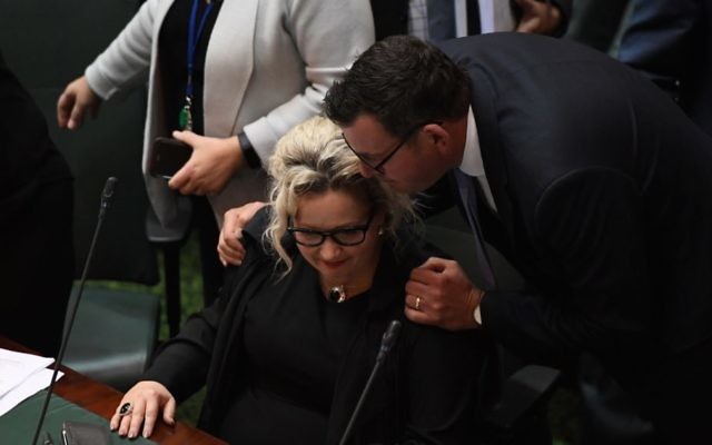 Victorian Premier Daniel Andrews lends support to Health Minister Jill Hennessy after the Assisted Dying bill passes in the Legislative Council. Photo: AAP Image/Julian Smith Victorian Premier Daniel Andrews lends support to Health Minister Jill Hennessy after the Assisted Dying bill passes in the Legislative Council. Photo: AAP Image/Julian Smith