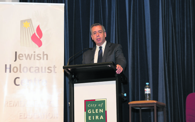 US Holocaust scholar Mark Weitzman delivers the Betty and Shmuel Rosenkranz Oration at a Kristallnacht commemoration in Melbourne. US Holocaust scholar Mark Weitzman delivers the Betty and Shmuel Rosenkranz Oration at a Kristallnacht commemoration in Melbourne.