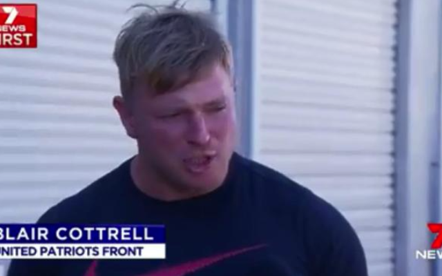 A screenshot of United Patriots Front leader Blair Cottrell being interviewed on Channel Seven News. A screenshot of United Patriots Front leader Blair Cottrell being interviewed on Channel Seven News.