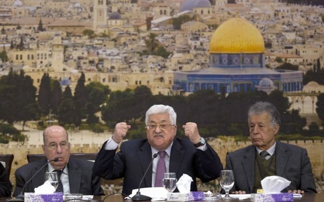 Mahmoud Abbas (centre) delivering his speech on Sunday. Photo: AP Photo/Majdi Mohammed Mahmoud Abbas (centre) delivering his speech on Sunday. Photo: AP Photo/Majdi Mohammed
