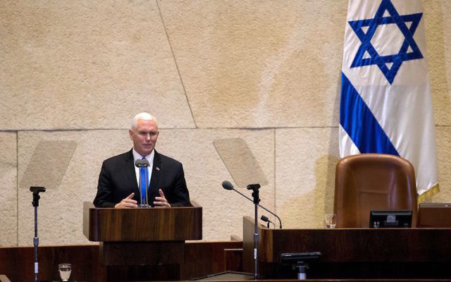 Mike Pence addressing the Knesset on Monday. Photo: Ariel Schalit/AFP/Getty Images Mike Pence addressing the Knesset on Monday. Photo: Ariel Schalit/AFP/Getty Images