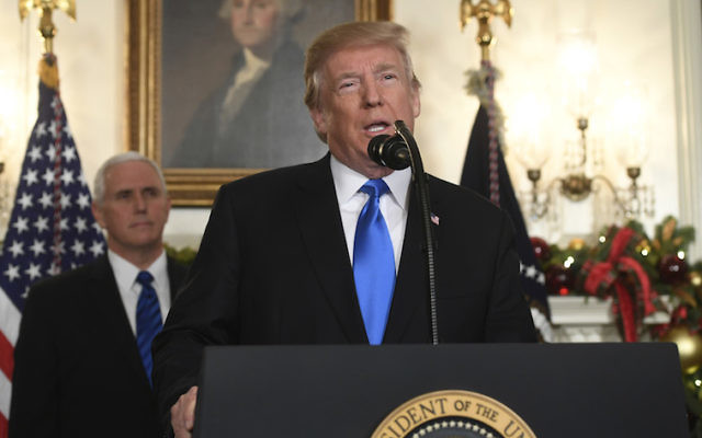 President Donald Trump delivers his statement on Jerusalem last December as Vice-President Mike Pence looks on. Photo: Saul Loeb/AFP/Getty Images