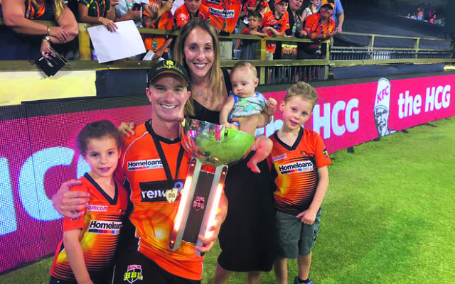 Michael Klinger with his family after the Perth Scorchers won the 2016-17 Big Bash League. Photo: Perth Scorchers