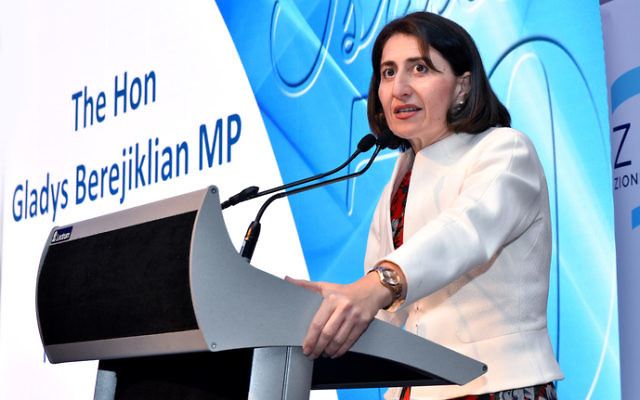 NSW Premier Gladys Berejiklian speaking at the Yom Ha'atzmaut cocktail reception. Photo: Noel Kessel