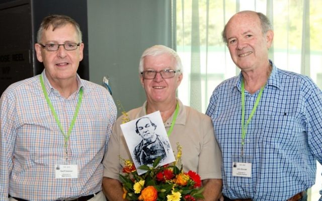 From left: Sydney brothers Geoff Solomon, Adrian Paul and John Shrimski and a photograph of their ancestor Mordecai Solomon. From left: Sydney brothers Geoff Solomon, Adrian Paul and John Shrimski and a photograph of their ancestor Mordecai Solomon.