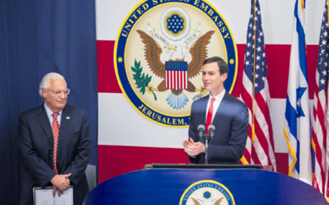 Jared Kushner (right) speaking at the opening ceremony of the US Embassy while US Ambassador to Israel David Friedman looks on. Photo: Yonatan Sindel/Flash90
