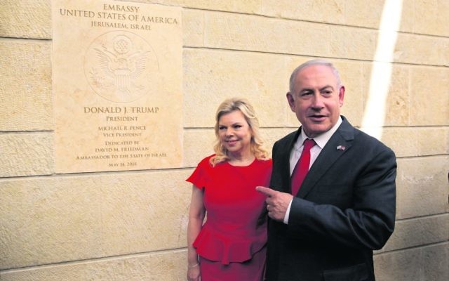 Benjamin and Sara Netanyahu at the opening ceremony of the new US Embassy in Jerusalem. Photo: AP Photo/Sebastian Scheiner Benjamin and Sara Netanyahu at the opening ceremony of the new US Embassy in Jerusalem. Photo: AP Photo/Sebastian Scheiner