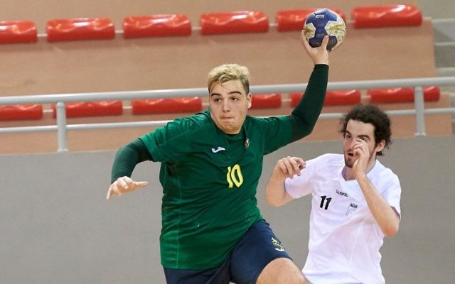 David Mekler-Peled shoots for goal against New Zealand U20s in the 2018 Handball Oceania Trophy tournament in New Caledonia. Photo: Jun Tanlayco