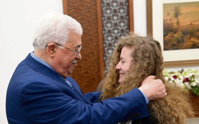Mahmoud Abbas welcoming Ahed Tamimi after her release from an Israeli prison. Photo: EPA/Thaer Ghanaim Mahmoud Abbas welcoming Ahed Tamimi after her release from an Israeli prison. Photo: EPA/Thaer Ghanaim