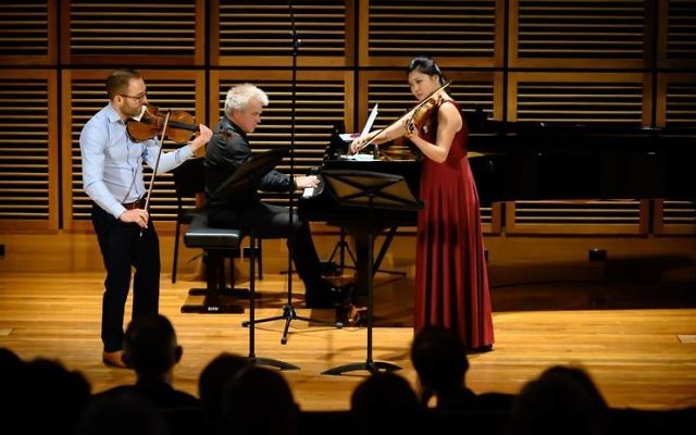 Emily San's teacher Robin Wilson, Phillip Shvok, Emily Sun. Photo: Monique Harmer