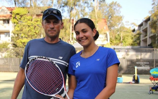 Lara Kaplan with her coach Piotr Haczek at Maccabi's White City courts. Photo: Shane Desiatnik