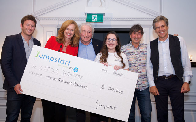 Judges Adam Jacobs, Naomi Simson, Peter Ivany, David Shein and Andrew Banks with the winner of JCA's pitch night, Madeleine Buchner (third from right). Photo: Giselle Haber