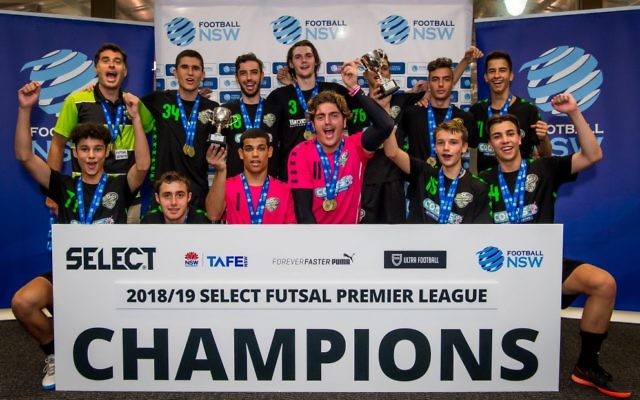 The U19 men's Futsal NSW NPL1 premiership winners, Mascot Vipers, featuring Jewish players Ethan de Melo (front, second from left) and Oskar Beck (front, third from left). Photo: Football NSW/Loopii The U19 men's Futsal NSW NPL1 premiership winners, Mascot Vipers, featuring Jewish players Ethan de Melo (front, second from left) and Oskar Beck (front, third from left). Photo: Football NSW/Loopii