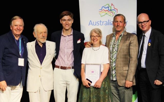 George Winston (second from left) with Blue Mountains mayor Mark Greenhill (first on right) and other Blue Mountains Australia Day award recipients. Photo: Blue Mountains City Council