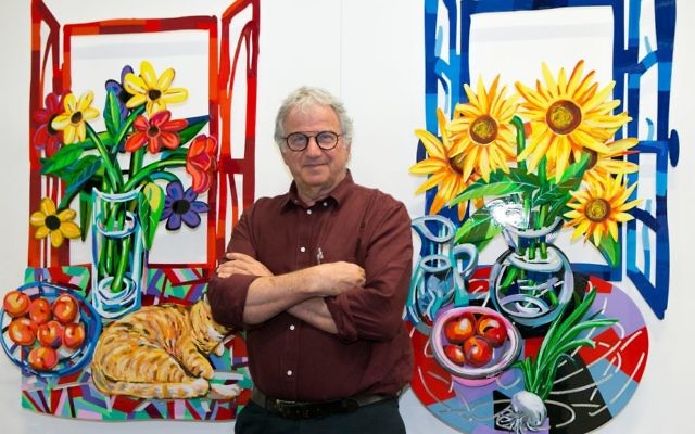 David Gerstein with his artworks, Afternoon Nap and Hello Vincent. 
Photo: Ofer Levy