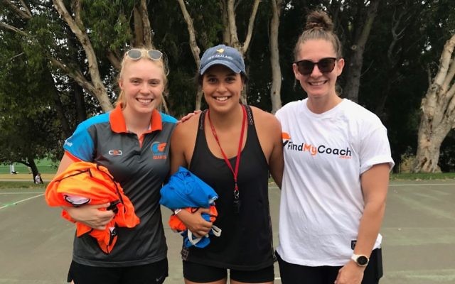 From left to right: NSW Netball stars Grace Hill, Claire O'Brien and Abbey McCullough at the Maccabi NSW Netball Club's recent "Train with a Swift" clinic.