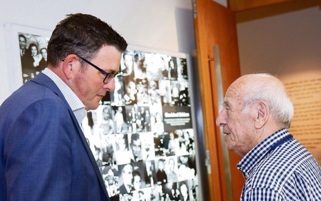 Premier Daniel Andrews (left) speaks with Holocaust survivor Szaja Chaskiel about the virtual reality project the Shoah survivor narrated. Photo: Peter Haskin