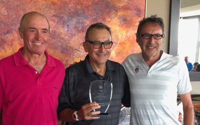 From left: Maccabi Golf president Allen Garb and joint men's winners Hilton Katz and Alan Goldstone.