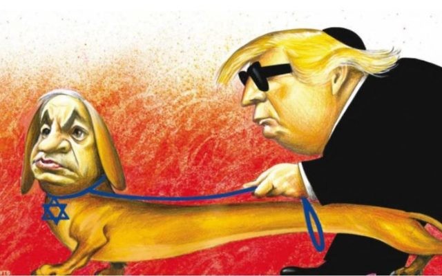 The New York Times published a cartoon that depicted Israeli Prime Minister Benjamin Netanyahu as a guide dog wearing a Star of David collar and leading President Donald Trump, who is wearing a black kippah. (New York Times)