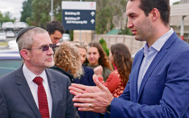 Mount Scopus principal Rabbi James Kennard (left) with ALP candidate Josh Burns at Caulfield Hospital last Sunday.
Photo: Simon Kosmer