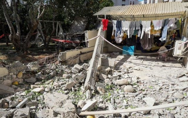 An apartment building hit by a rocket fired from the Gaza Strip in Ashkelon, in southern Israel, on May 5, 2019. (Noam Rivkin Fenton/Flash90)