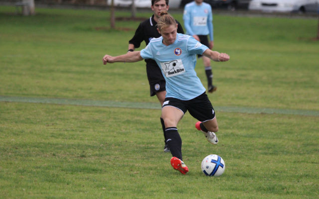 Goal scorer Bradley Blumenthal in full flight. Photo: Mick Ashworth Goal scorer Bradley Blumenthal in full flight. Photo: Mick Ashworth