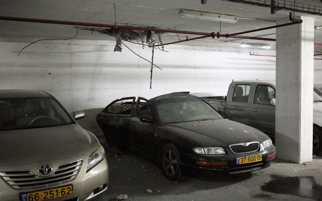 A carpark in Ashdod hit by a rocket from Gaza