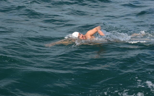 Greg Shein during the 34km English Channel swim. Greg Shein during the 34km English Channel swim.