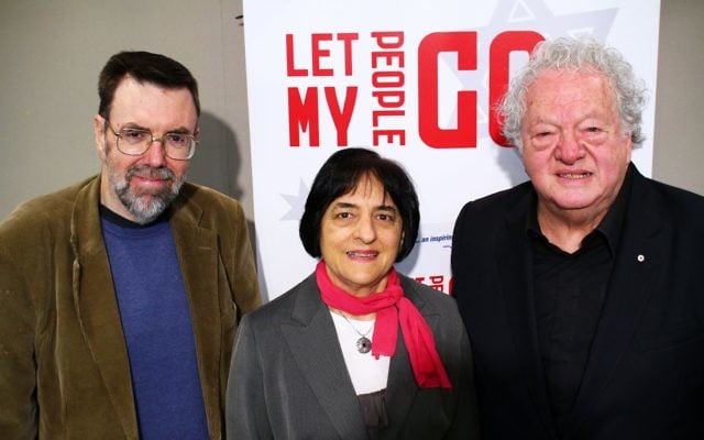 17-5-15. From left: Greg Barton, Suzaane Rutland, Sam Lipski. Book launch of "Let My People Go" at Beth Weizmann. Photo: Peter Haskin