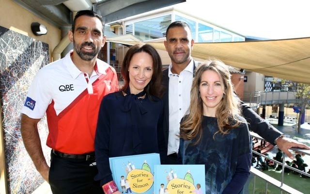 Stories For Simon Book launch. Author Lisa Sarzin and illustrator Lauren Briggs pictured withSwans AFL players Adam Goodes and Michael O’Loughlin. Stories For Simon Book launch. Author Lisa Sarzin and illustrator Lauren Briggs pictured withSwans AFL players Adam Goodes and Michael O’Loughlin.