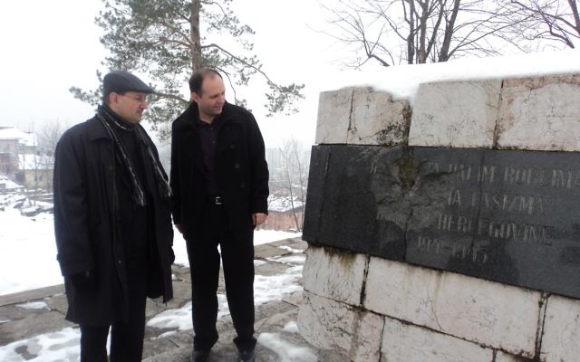 Jeremy Jones (left) at the Holocaust memorial in Sarajevo. Jeremy Jones (left) at the Holocaust memorial in Sarajevo.